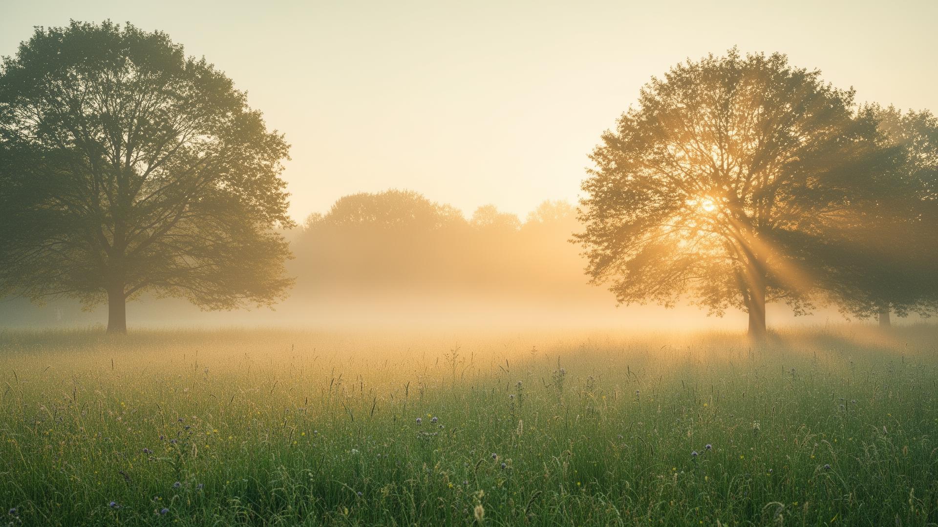 Warm sunrise over a peaceful meadow, symbolizing hope and new beginnings